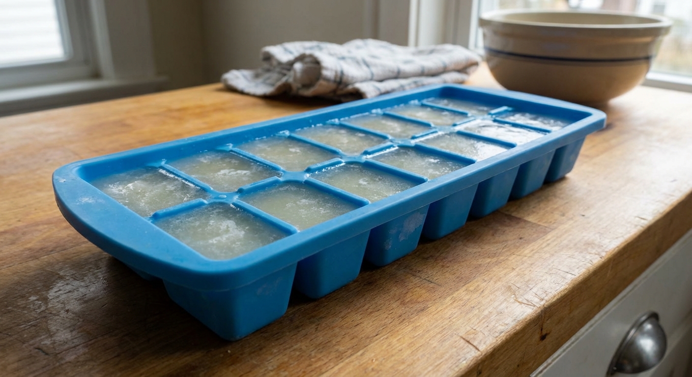 A silicone ice cube tray filled with pale homemade broth in a kitchen