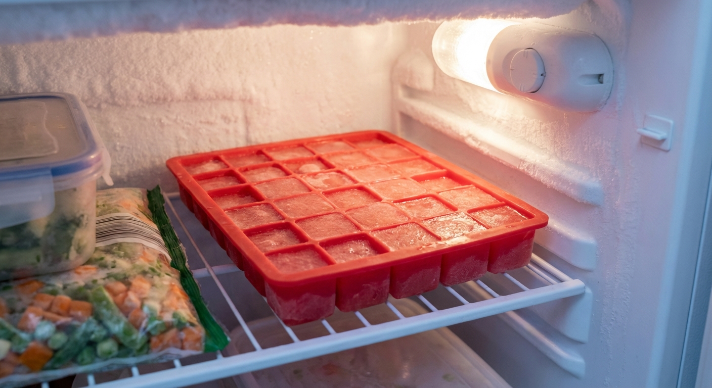 A silicone ice cube tray filled with pureed watermelon in a home freezer