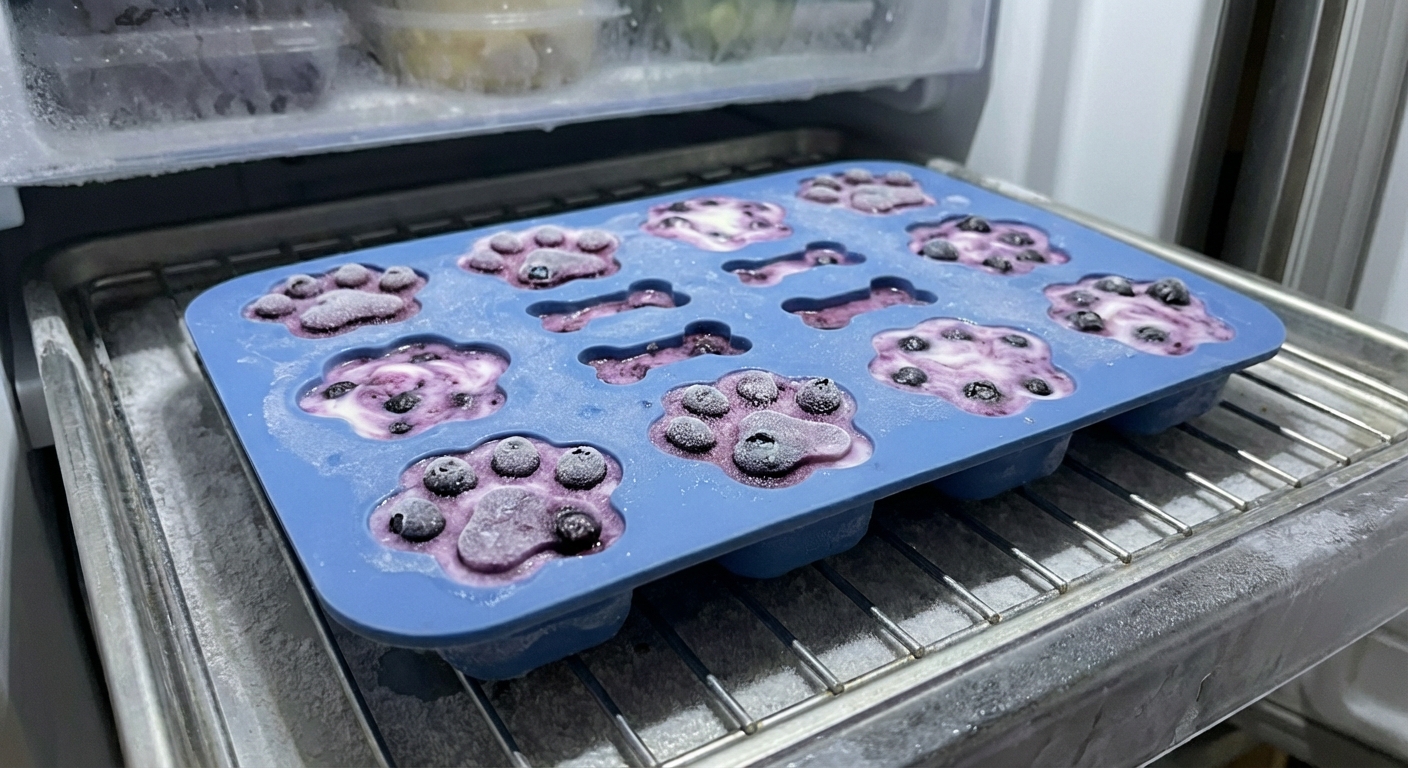 A silicone mold filled with frozen blueberry yogurt treats on a freezer tray