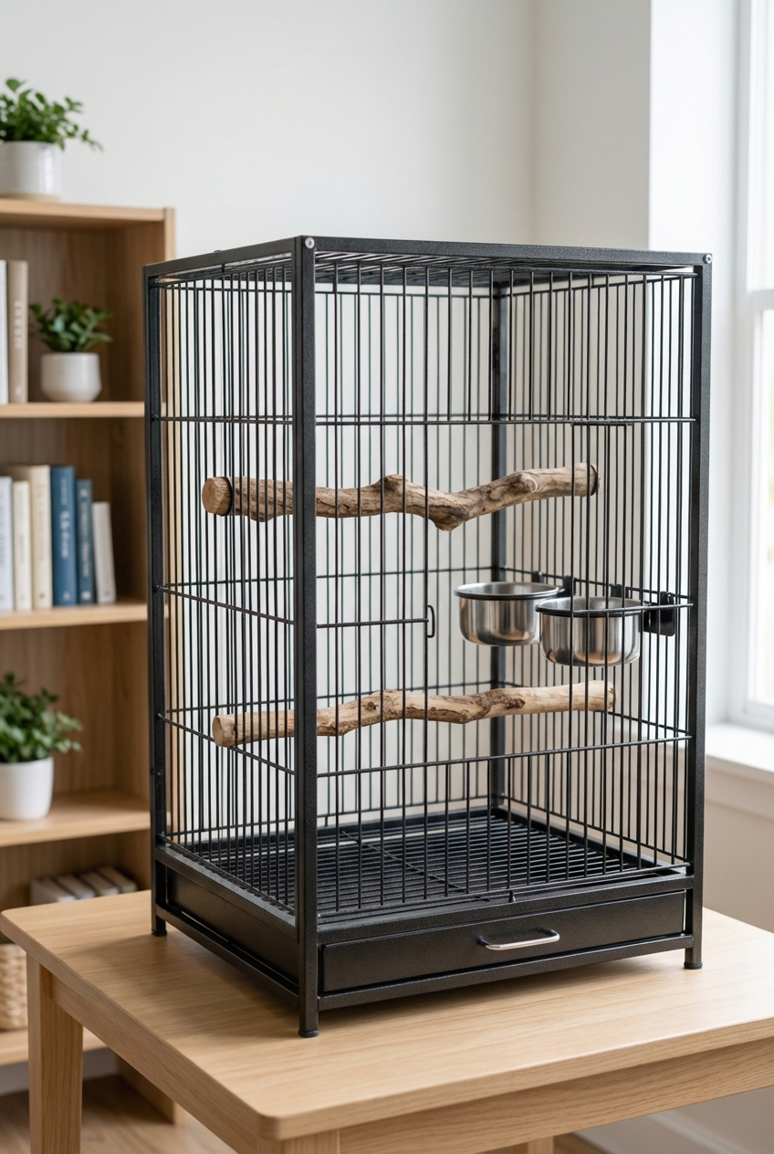 A simple bird cage setup with natural wood perches and stainless steel bowls in a clean, well-lit room