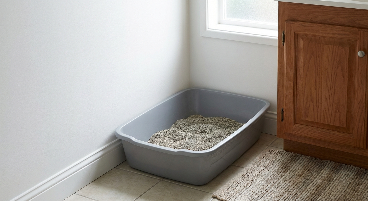 A simple litter box placed in a quiet bathroom corner away from food and water bowls