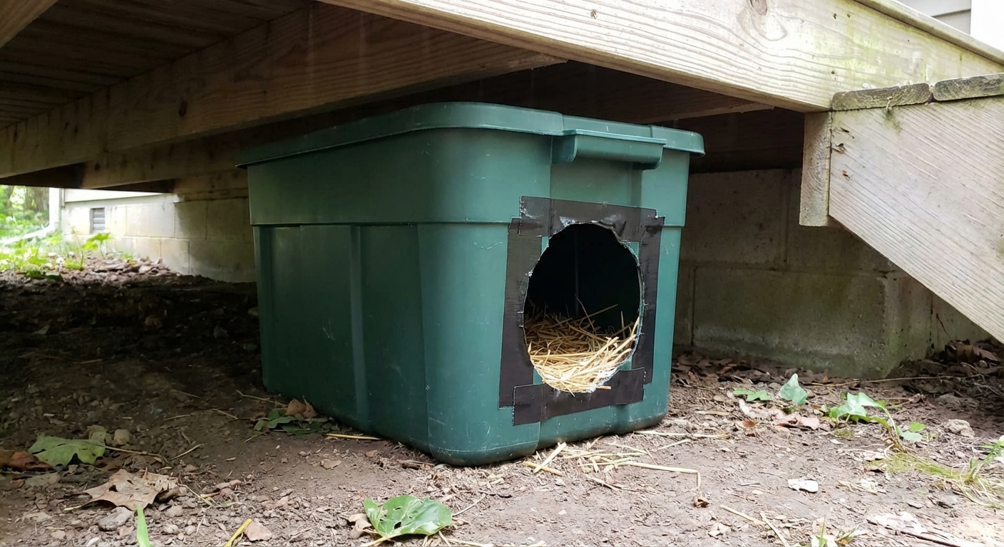 A simple outdoor cat shelter made from a plastic storage tote with a small entrance, placed under a porch