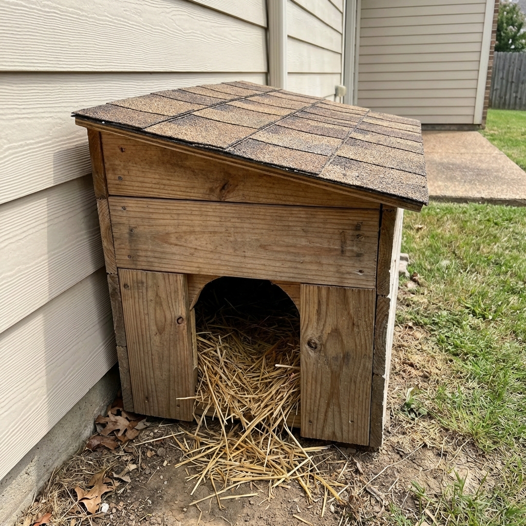 A simple outdoor cat shelter tucked beside a house with straw visible inside the entrance
