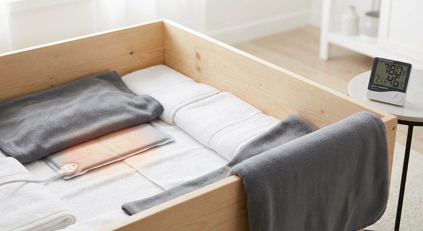 A simple whelping box with clean blankets, a safe pet heating pad placed under one side, and a room thermometer nearby