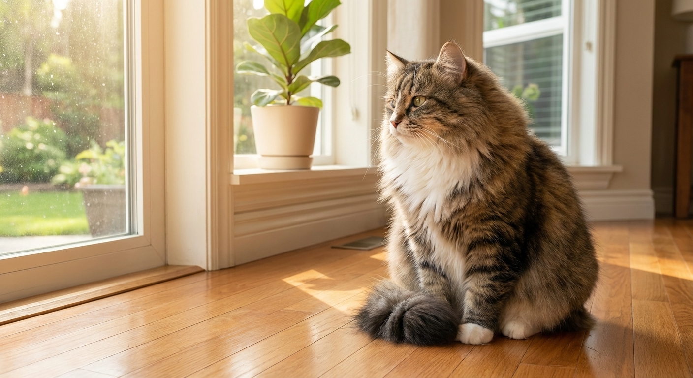 A single Siberian cat with a thick fluffy coat sitting calmly on a hardwood floor near a sunlit window, photorealistic indoor pet photography