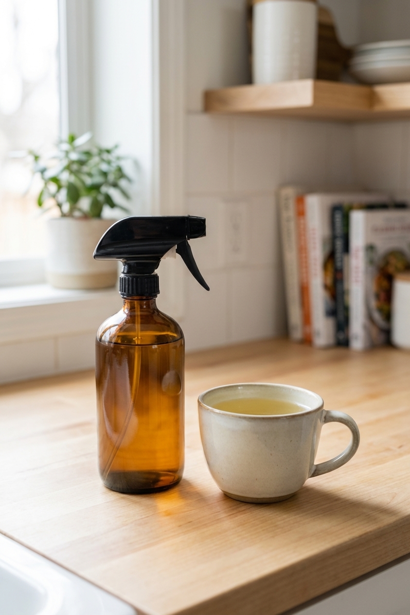 A single amber spray bottle next to a mug of cooled chamomile tea on a kitchen counter, natural light photo