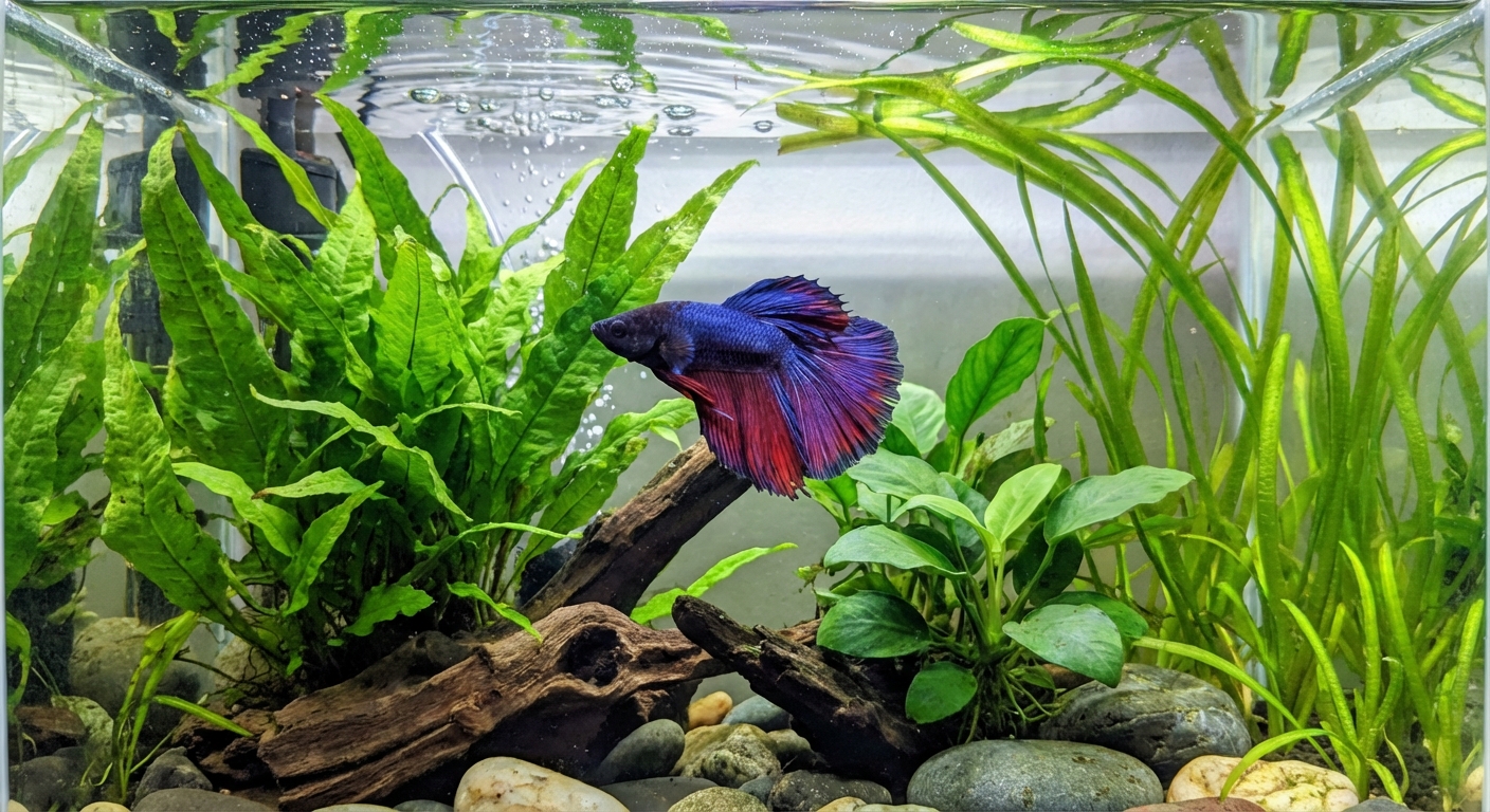A single betta fish swimming near green plants in a clear, well-lit aquarium