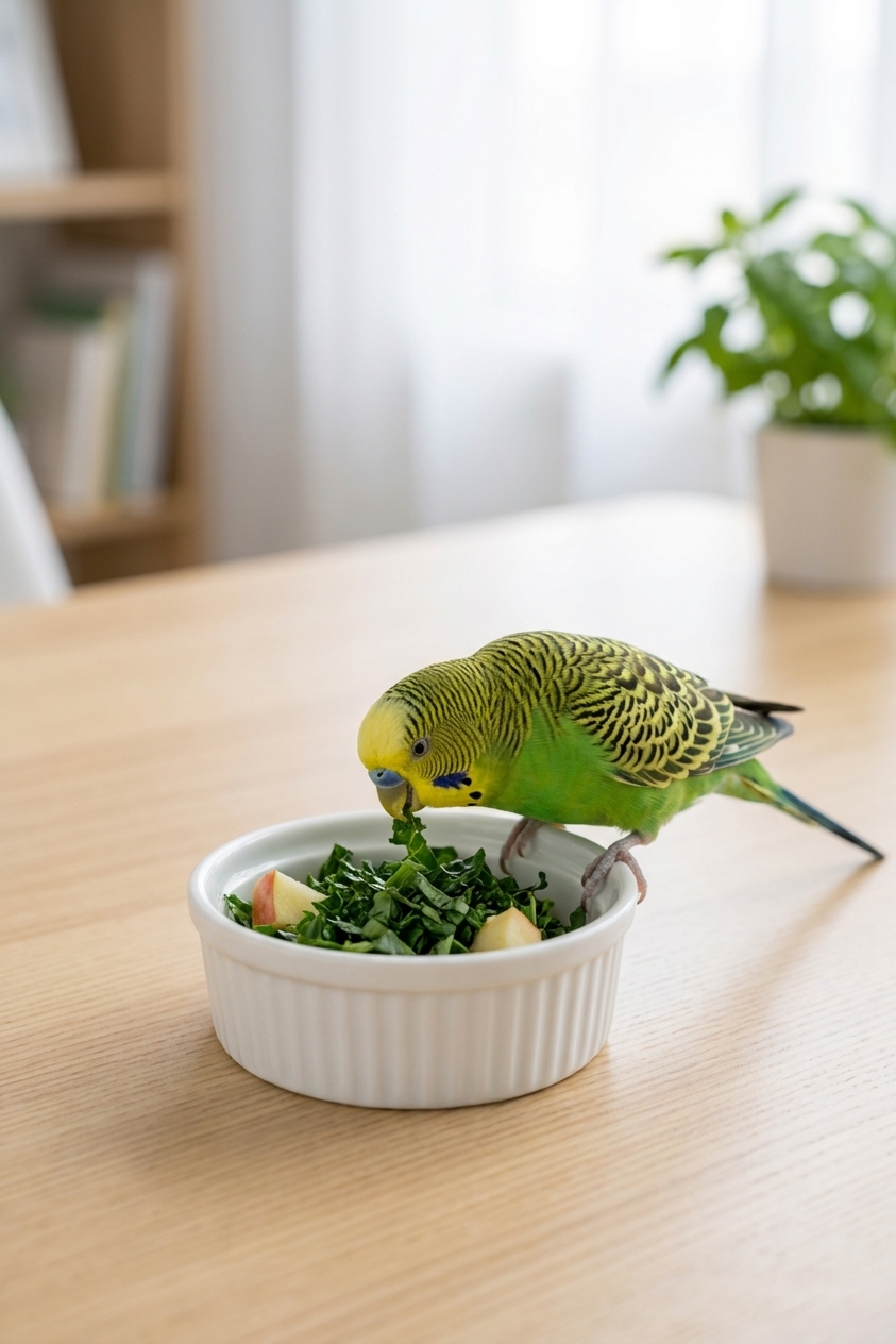 A single budgerigar eating chopped leafy greens from a small white dish on a tabletop, photorealistic