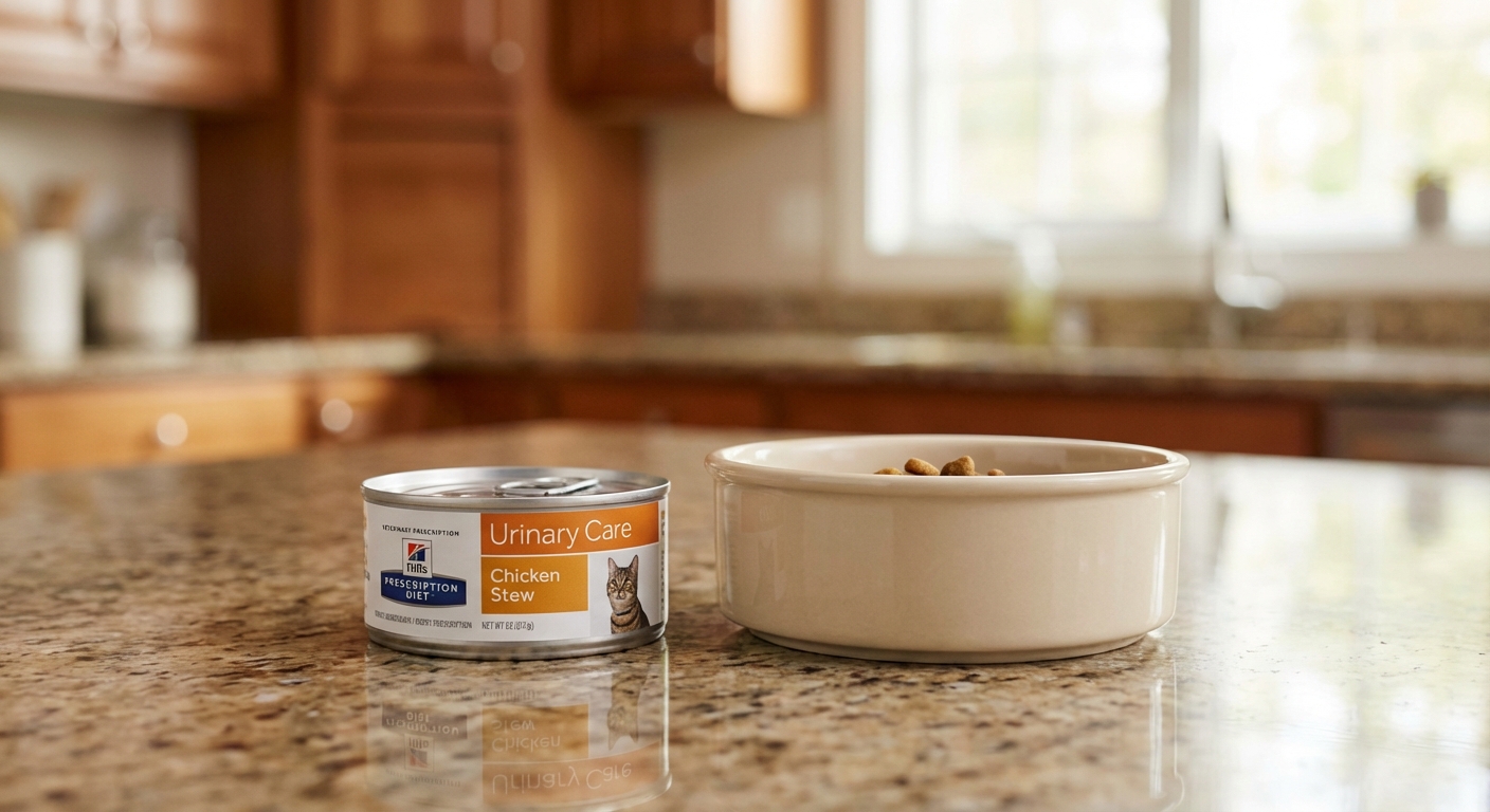 A single can of prescription wet cat food next to a clean feeding bowl on a countertop