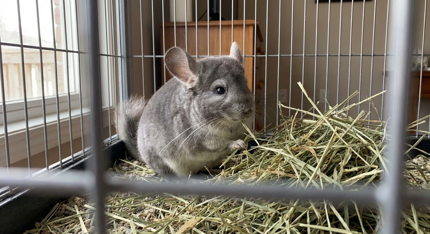 A single chinchilla sitting in a wire cage calmly chewing on a pile of timothy hay, natural indoor light, photorealistic