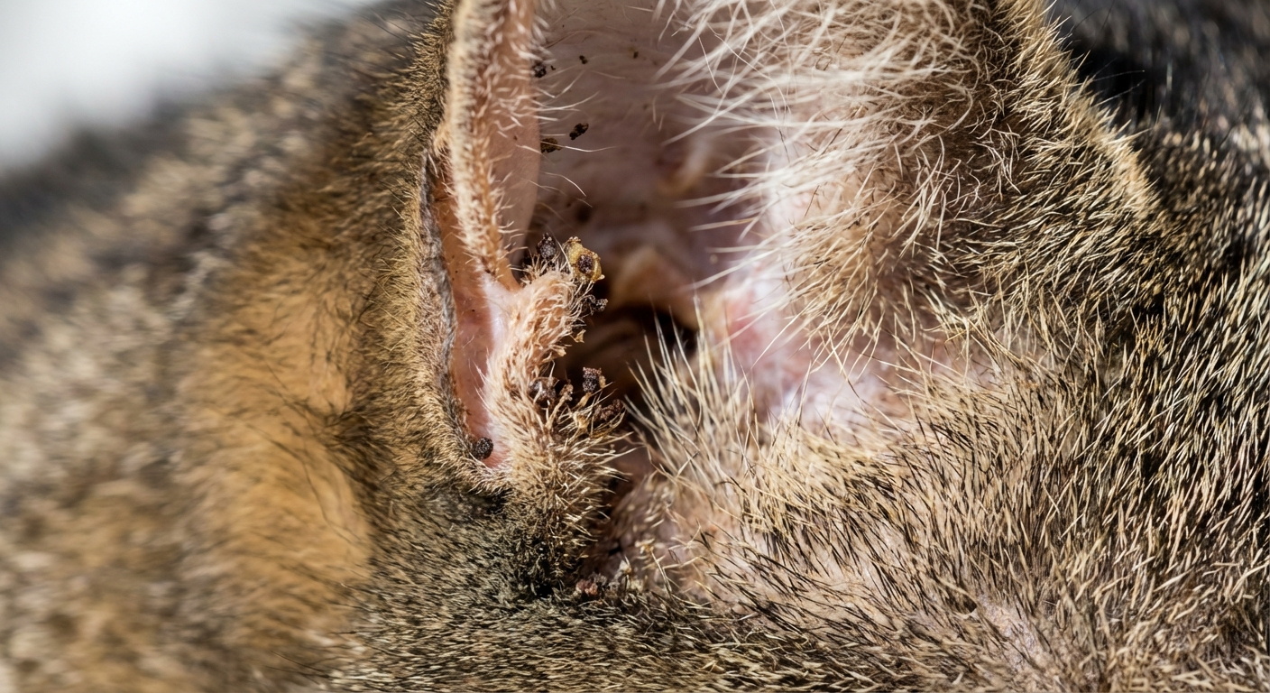 A single close-up photograph of a cat ear with visible dark, crumbly debris near the entrance of the ear canal