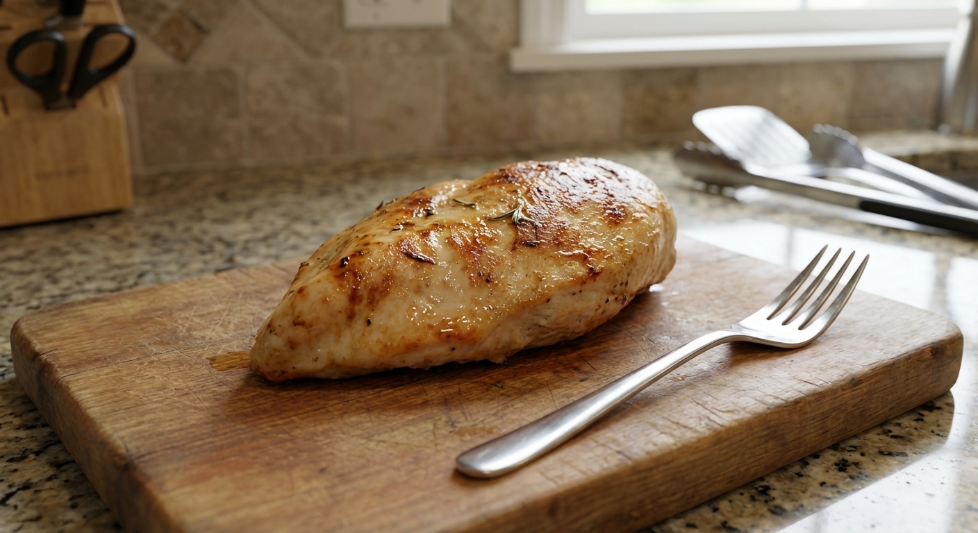 A single cooked skinless chicken breast resting on a cutting board with a fork nearby, kitchen countertop setting, photorealistic