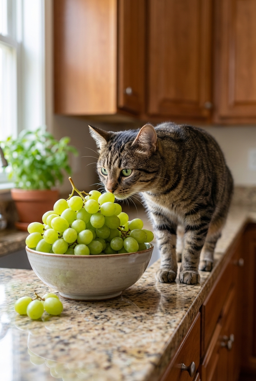A single curious cat sniffing a bunch of green grapes on a countertop