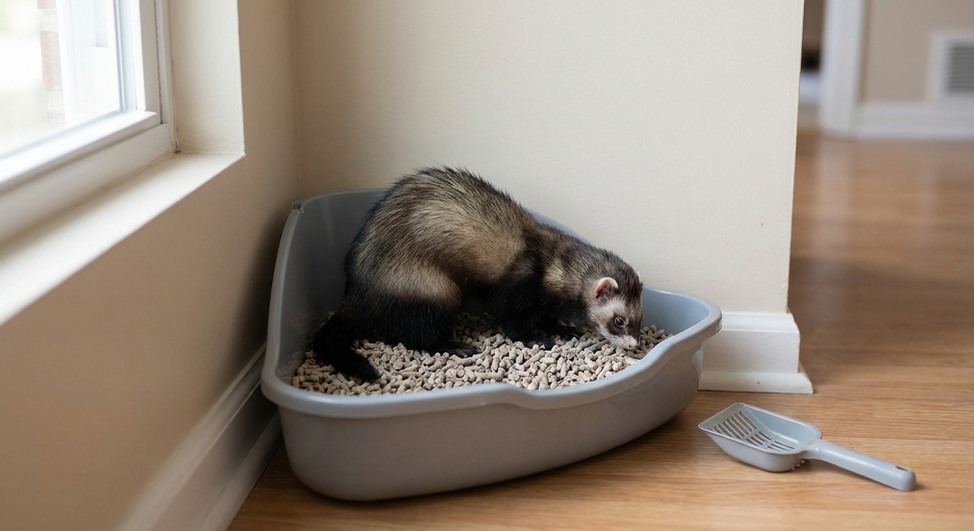 A single ferret using a corner litter pad holder placed against a wall