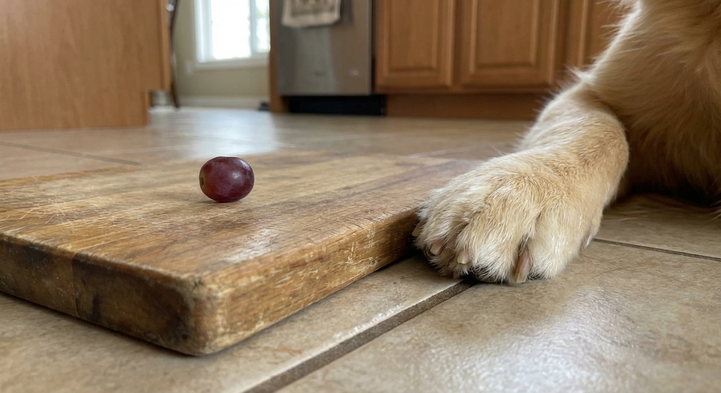 A single grape on a cutting board near a dog's paw on a kitchen floor