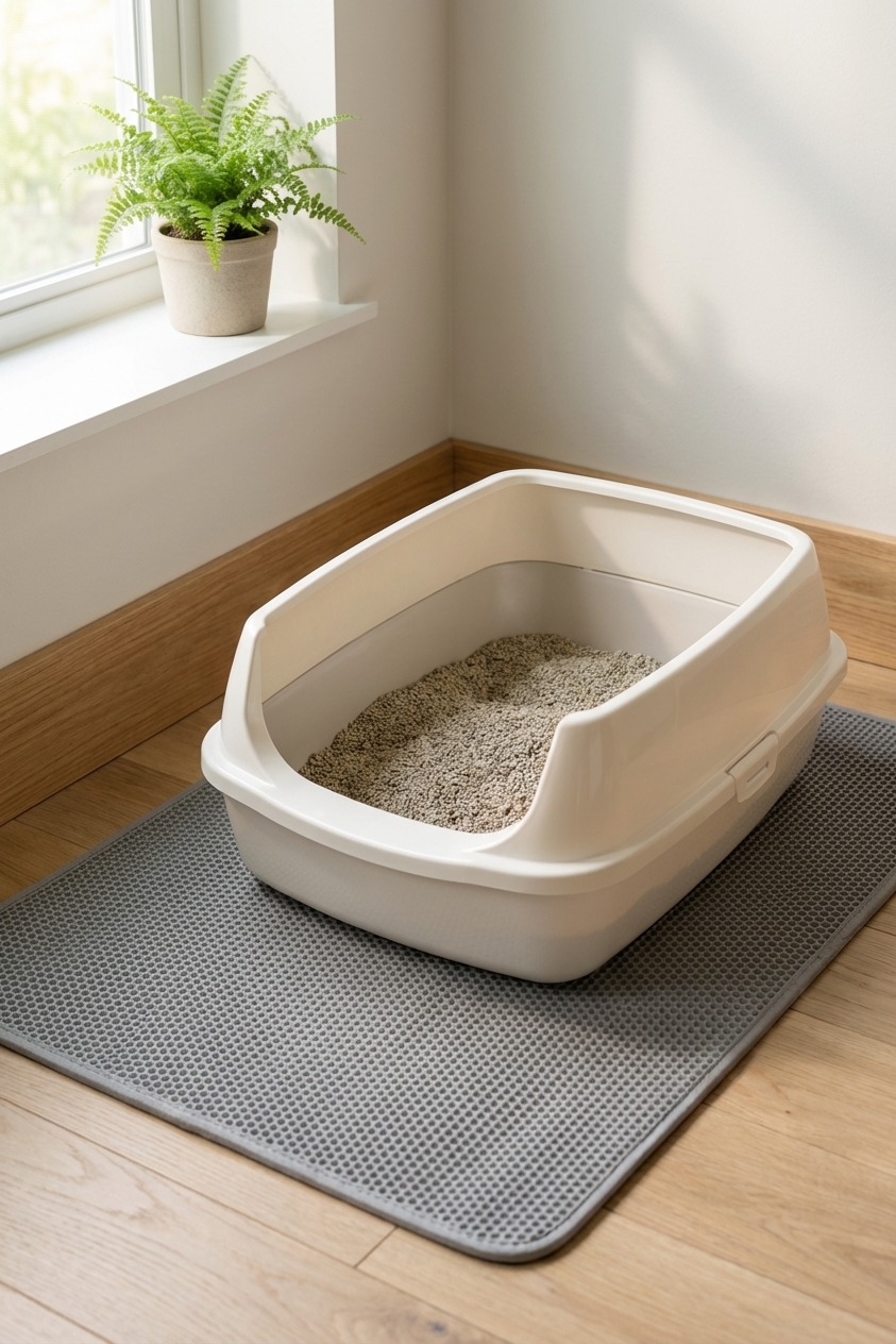 A single low-entry litter box placed in a quiet corner of a home with a nonslip mat underneath, natural window light, realistic photo