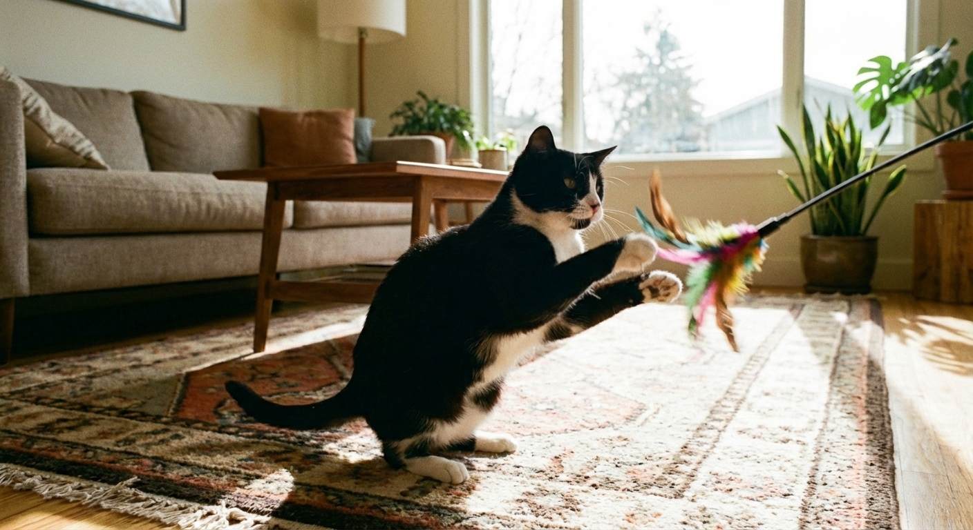 A single photograph of a black-and-white cat playing with a feather wand toy on a living room rug