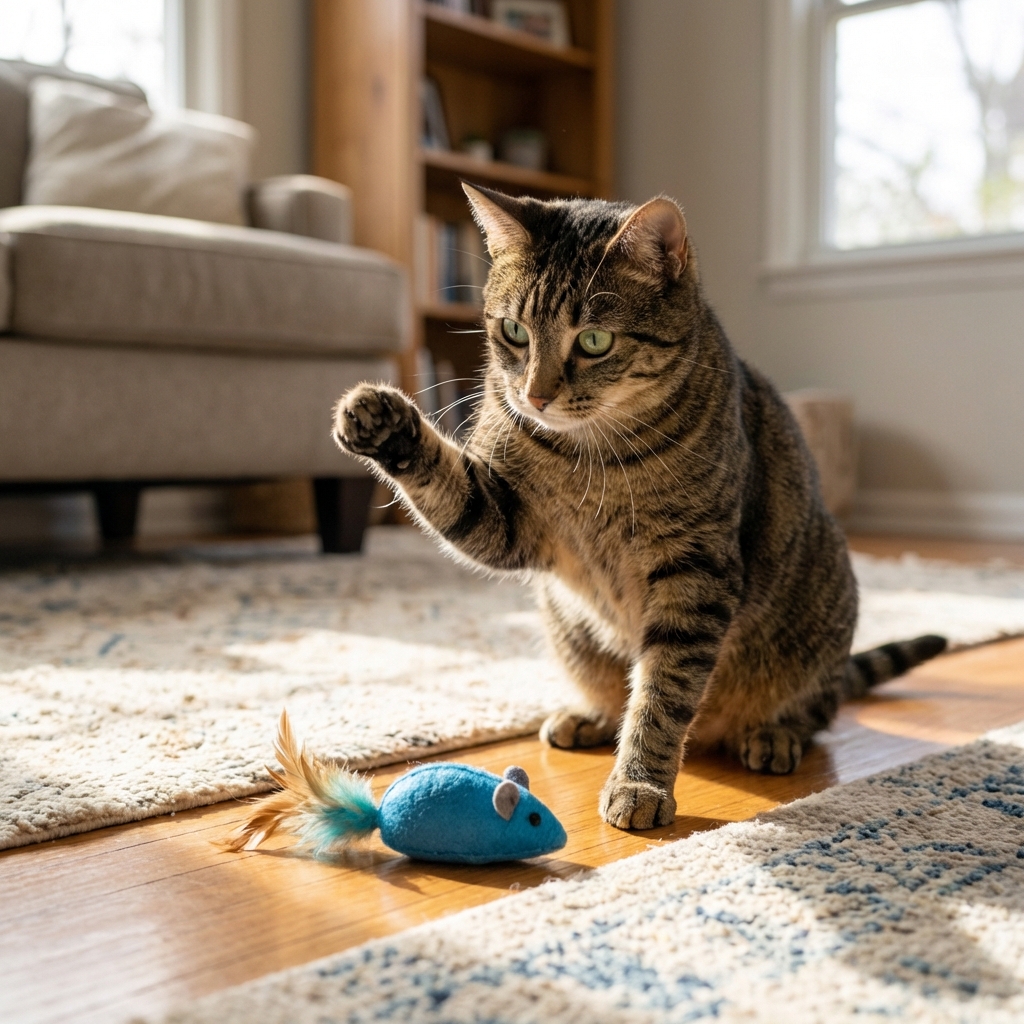 A single photograph of a cat batting a blue toy on a living room floor