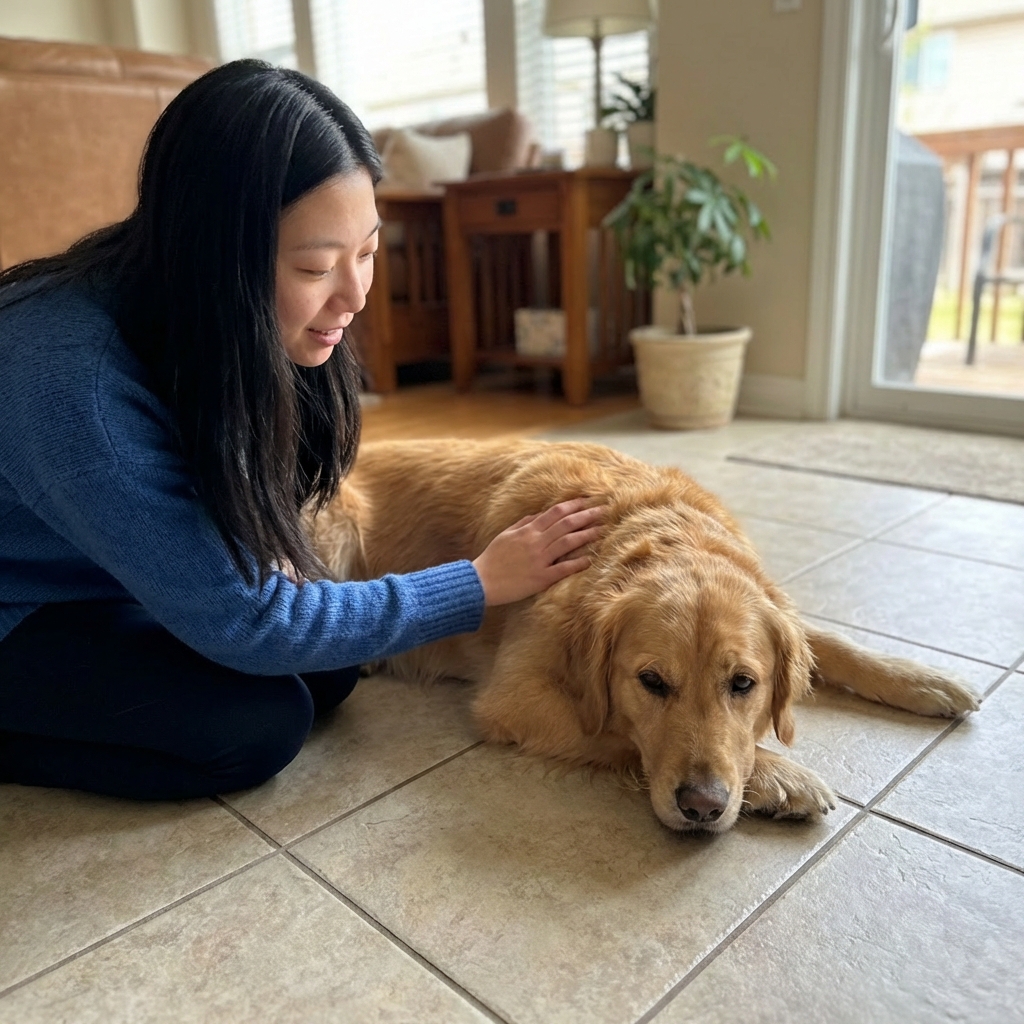 A single photograph of a dog resting on a cool tile floor indoors while a person gently pets the dog’s shoulder