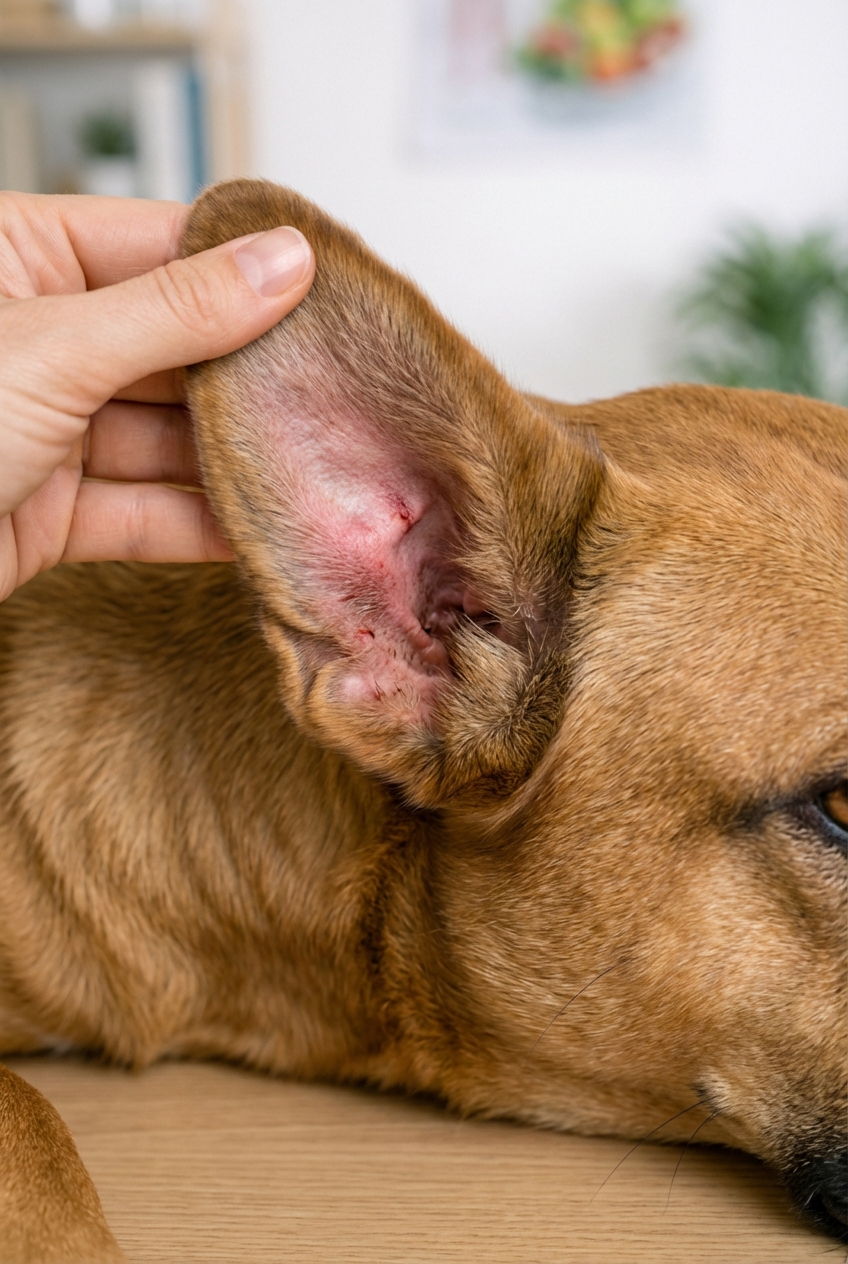 A single photograph of a dog's ear flap lifted to show reddish irritated skin near the ear opening