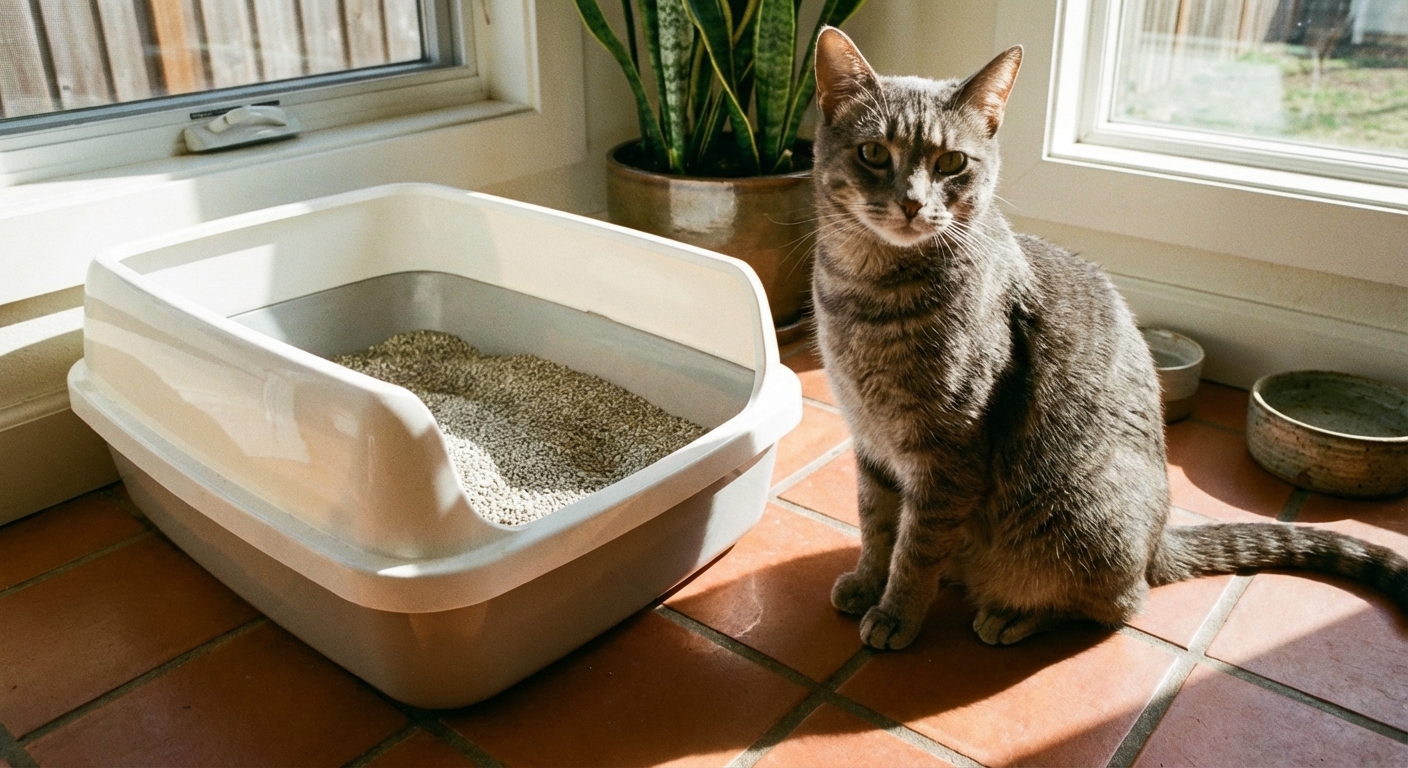 A single photograph of a gray cat sitting beside a clean litter box on a tile floor