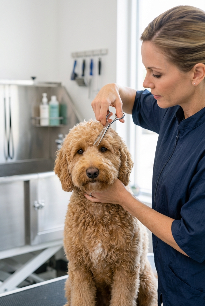 A single photograph of a groomer gently trimming the hair around a doodle-type dog’s eyes using rounded-tip grooming scissors