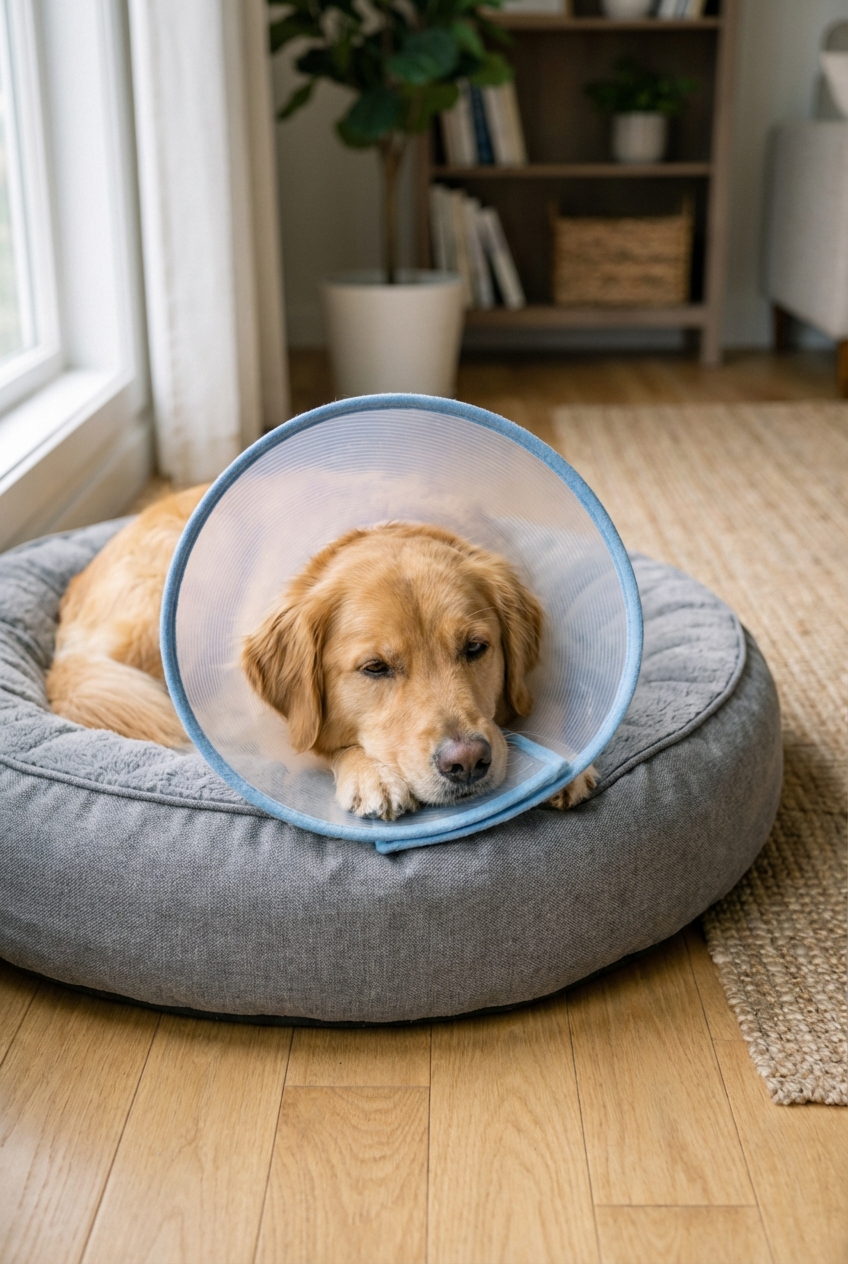 A single photograph of a medium-size dog wearing a comfortable plastic e-collar indoors while resting on a dog bed