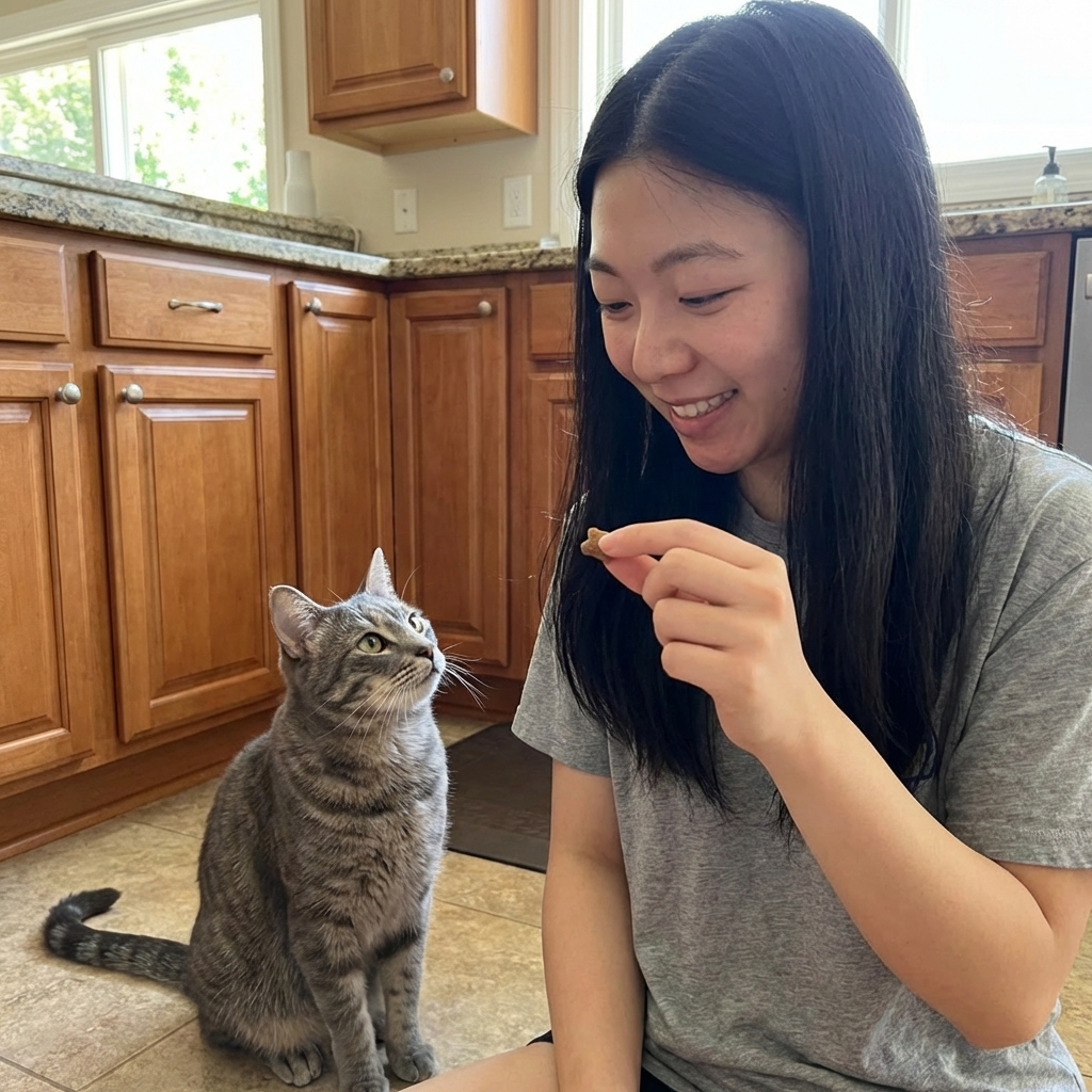 A single photograph of a person holding a cat treat while a gray male cat looks up attentively in a kitchen