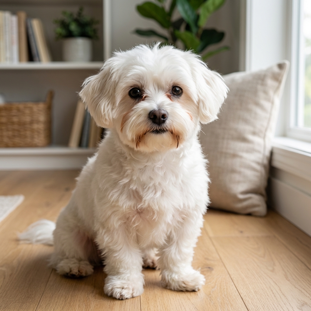 A single photograph of a white fluffy dog with light tear staining beneath the inner corners of both eyes in natural indoor light