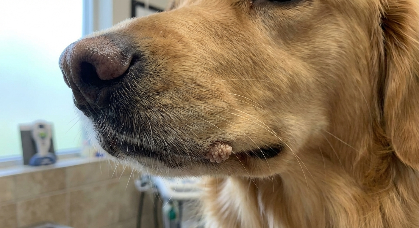 A single photorealistic close-up photo of a dog’s muzzle with a small clustered cauliflower-textured wart on the lip margin, natural light, shallow depth of field