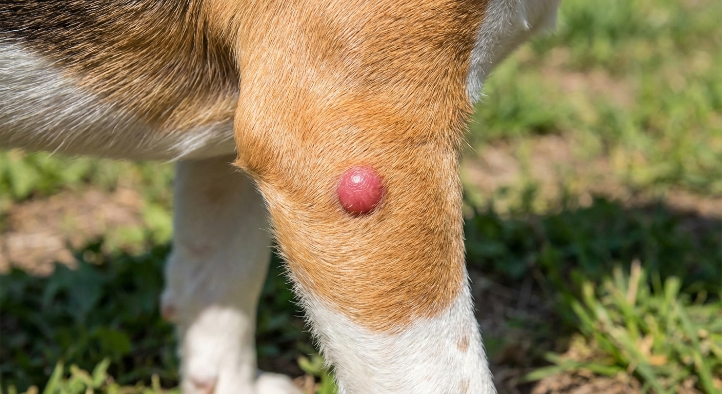 A single, photorealistic close-up photograph of a short-haired young dog standing, showing a solitary smooth, round, red raised bump on the lower leg with a hairless surface, outdoor daylight