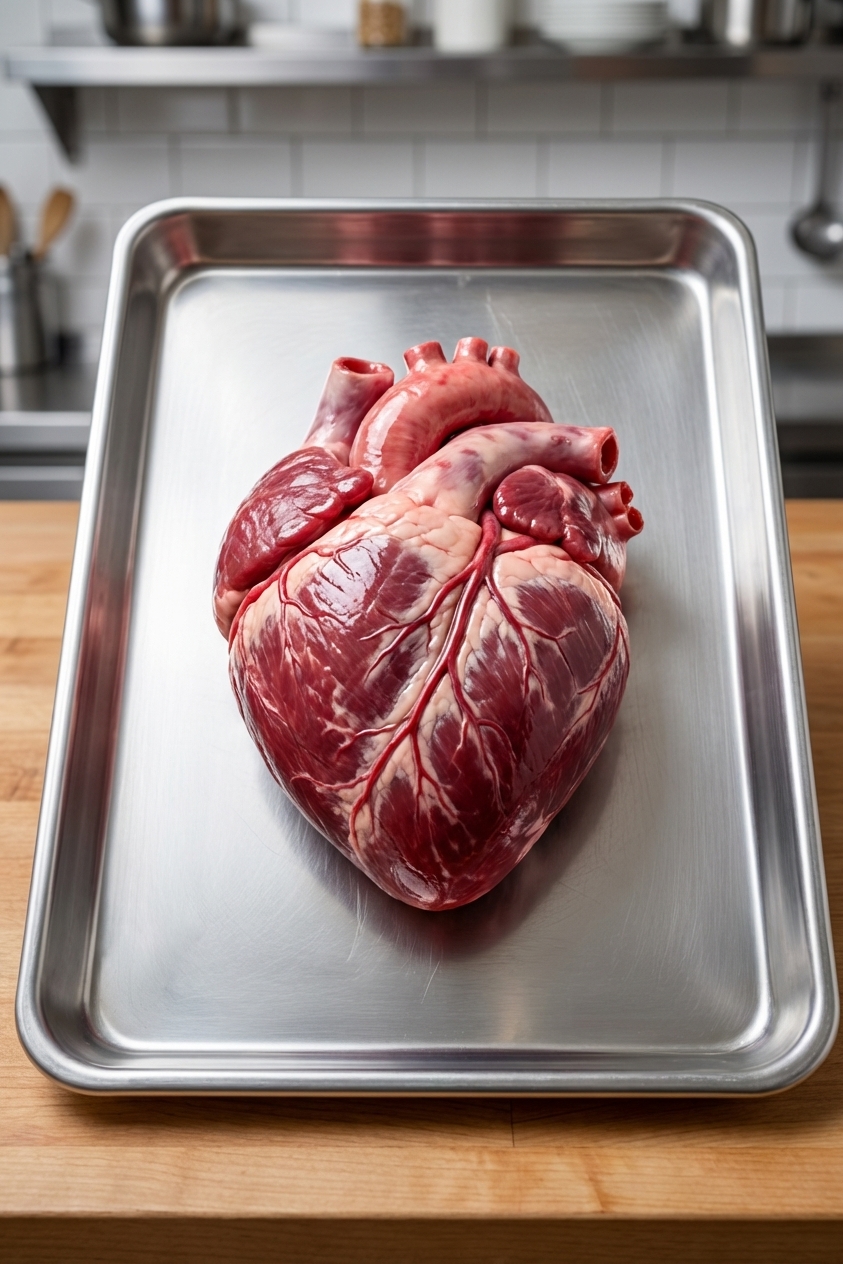 A single raw beef heart on a clean stainless steel butcher tray under bright kitchen lighting, photorealistic food photography