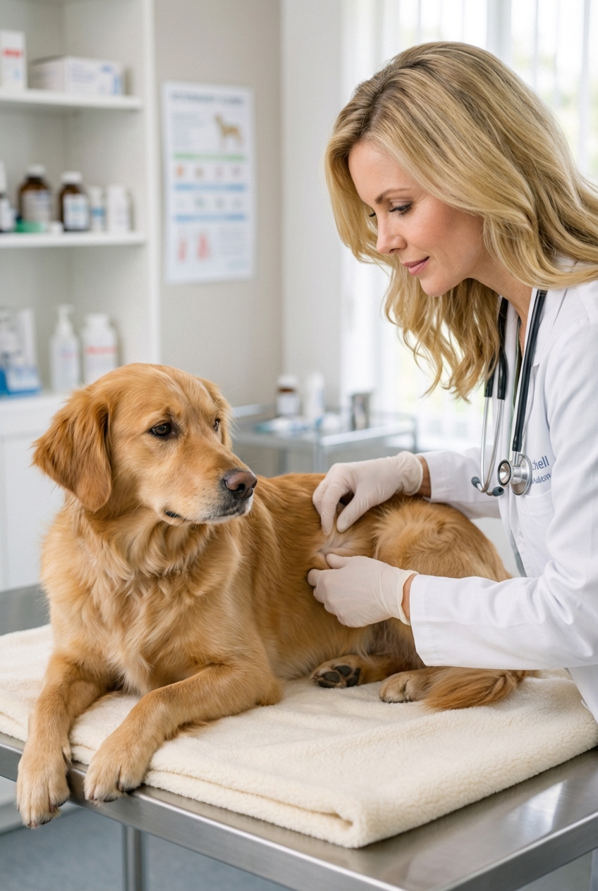 A single real photo of a dog resting on a clean blanket while a person examines the dog’s fur near the hindquarters