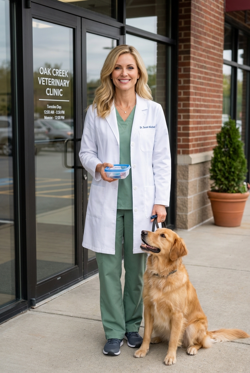 A single real photo of a person holding a small sealed container while standing next to a leashed dog at a veterinary clinic entrance