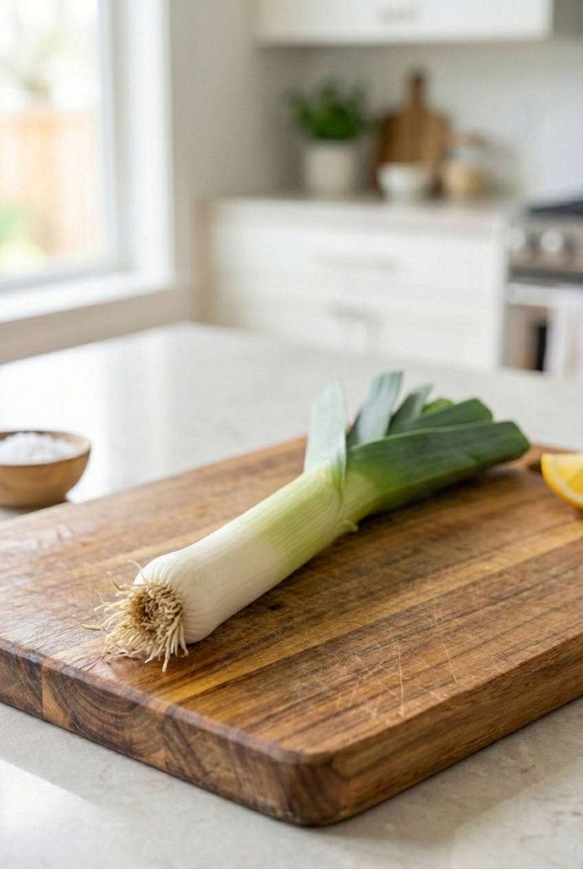 A single whole leek on a countertop