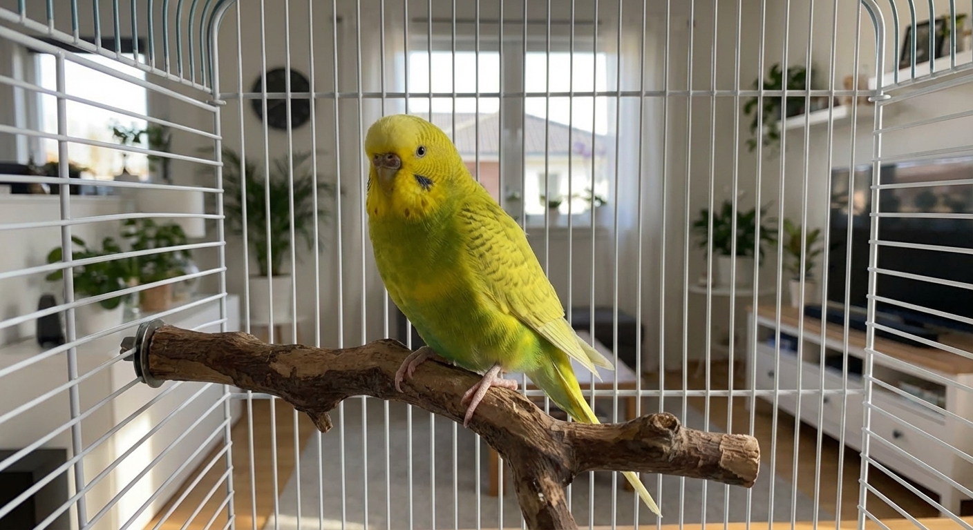 A single yellow and green budgerigar perched on a natural wood branch inside a bright, clean home cage, photorealistic