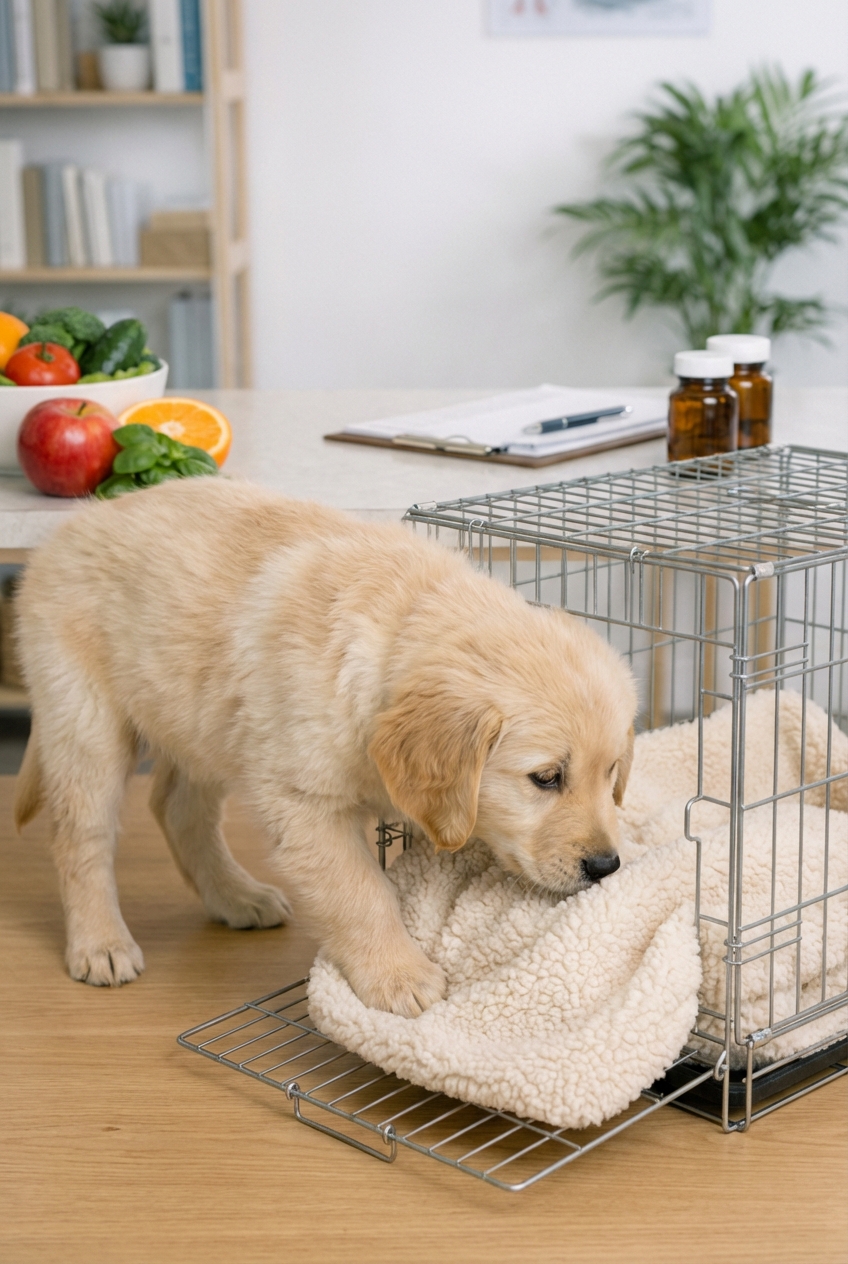 A six-week-old puppy investigating a small open crate with a soft blanket inside