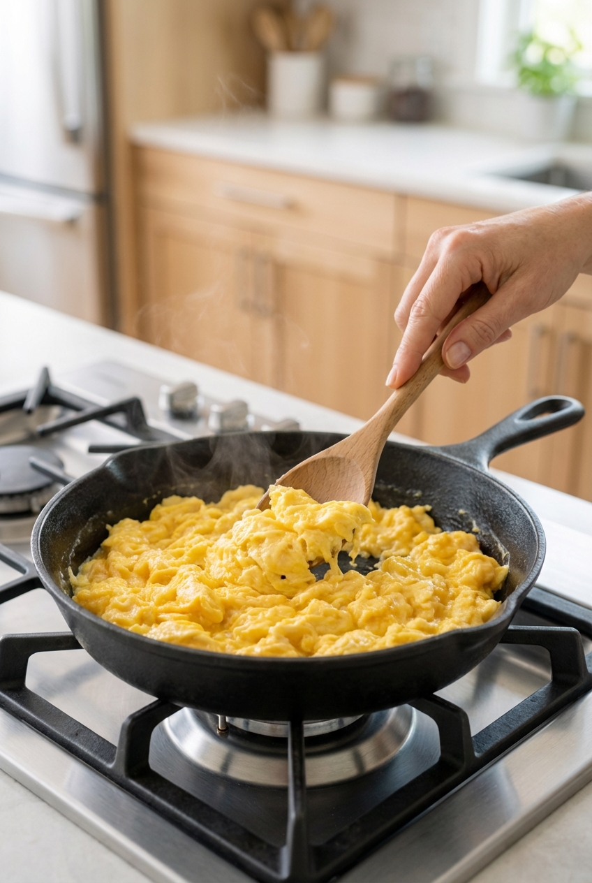 A skillet on a stove with a fully cooked scrambled egg being stirred with a wooden spoon