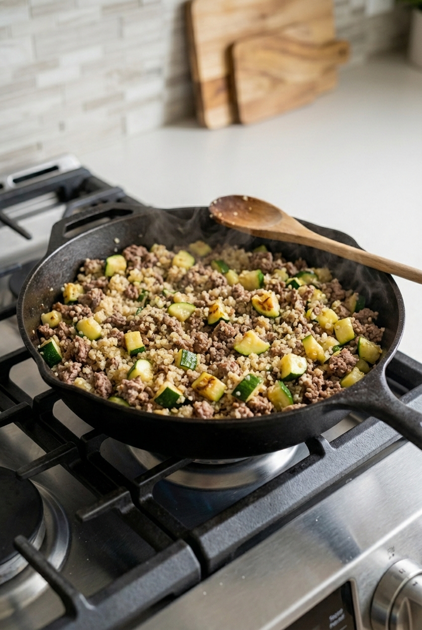 A skillet with cooked ground beef, cooked quinoa, and diced zucchini cooling on a stovetop