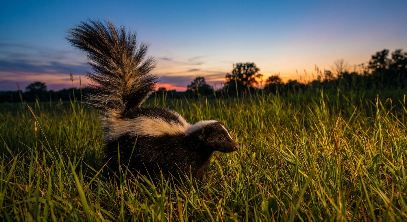 A skunk standing in grass at dusk with its tail raised