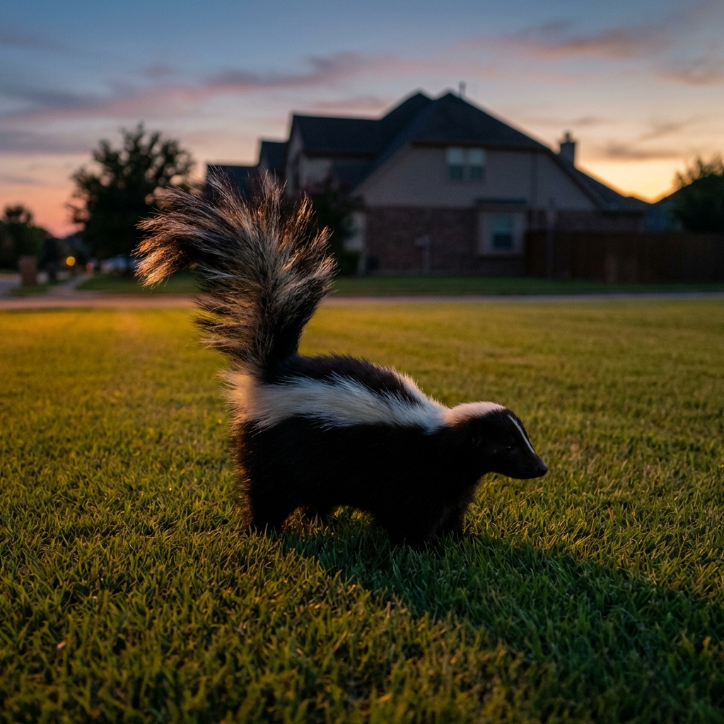 A skunk standing on a grassy lawn at dusk with its tail raised