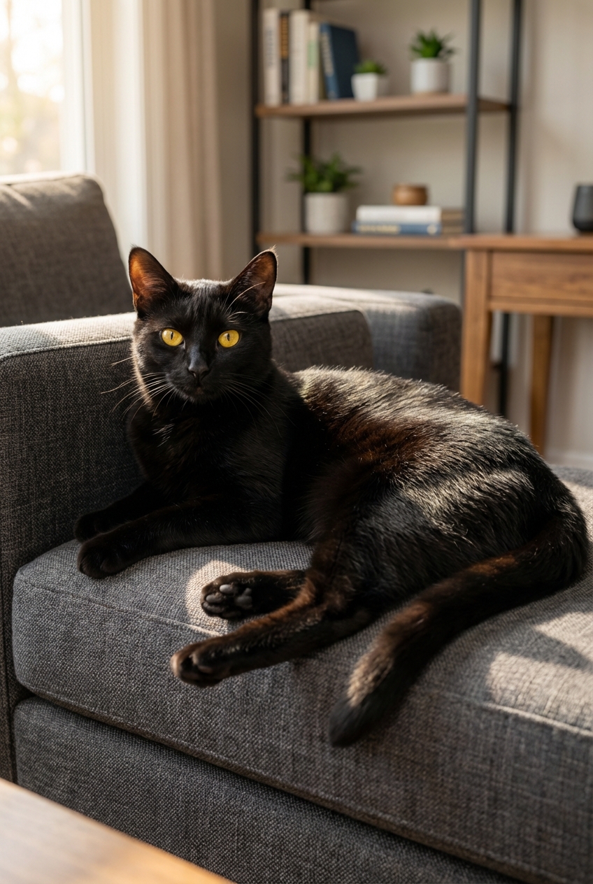 A sleek black male cat lounging on a couch with bright yellow eyes