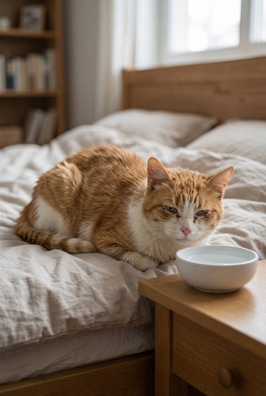 A sleepy cat lying on a bed with a water bowl nearby, looking unwell