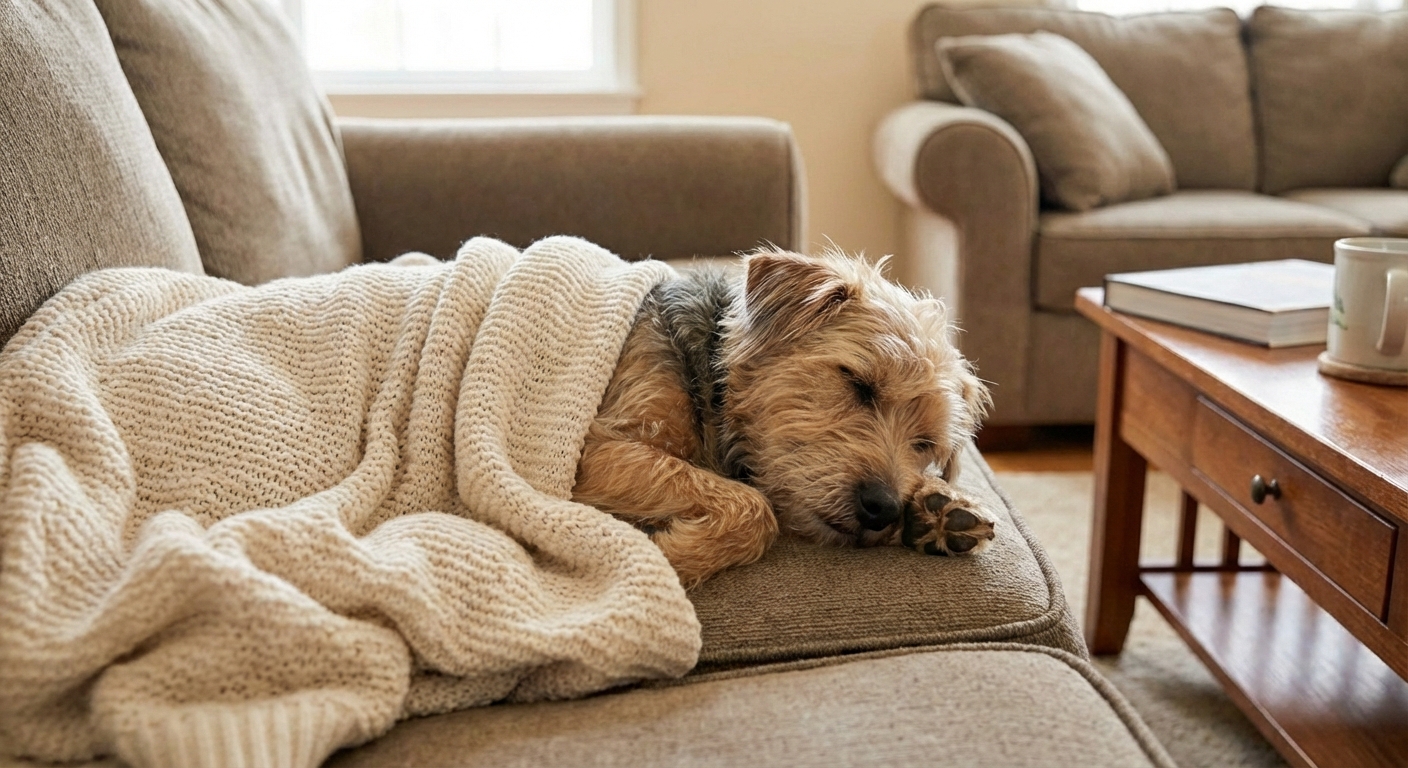 A sleepy dog resting on a couch with a soft blanket