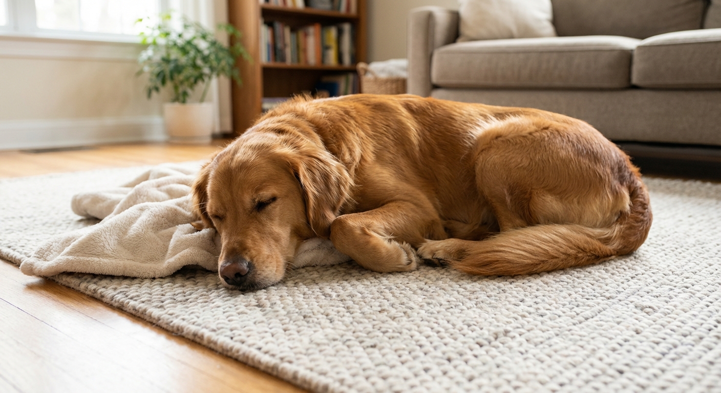 A sleepy dog resting on a living room rug with a soft blanket nearby