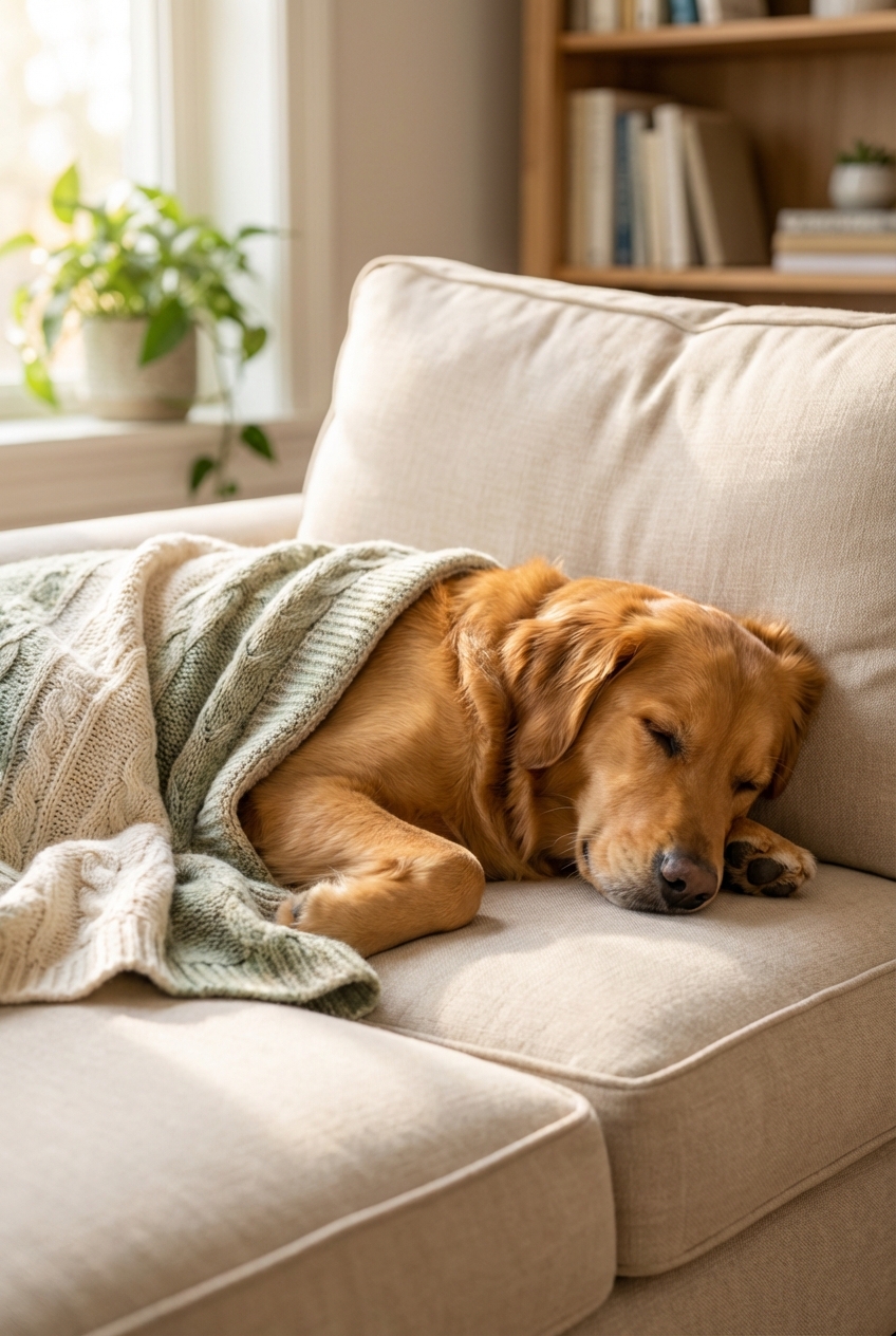 A sleepy dog resting with a blanket on a couch
