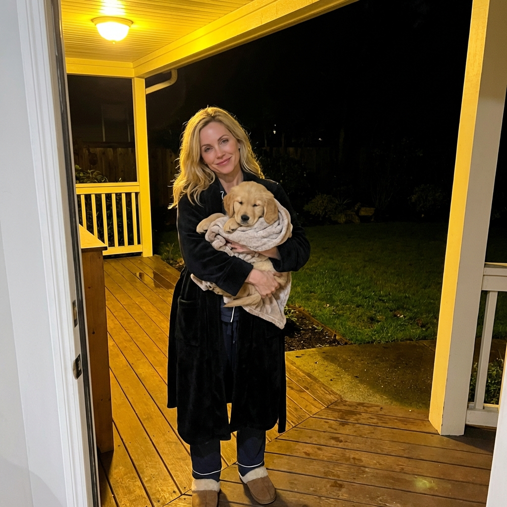 A sleepy puppy being carried outside at night for a quick potty break under a porch light