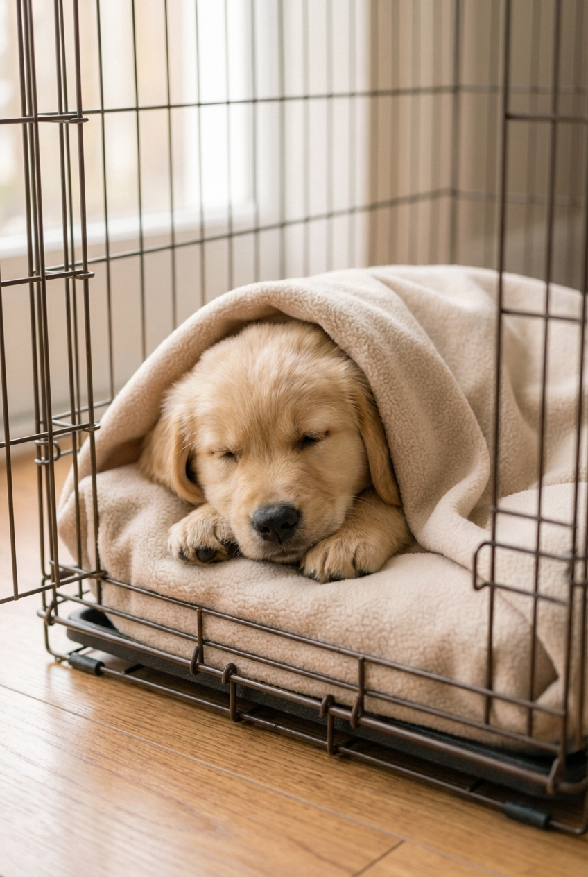 A sleepy puppy curled up in a crate with a light blanket