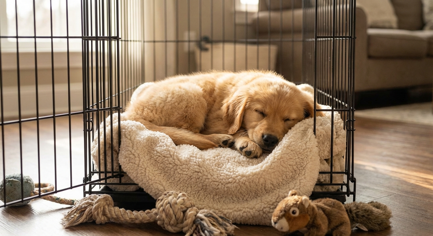 A sleepy puppy curled up in a crate with a soft blanket after a play session