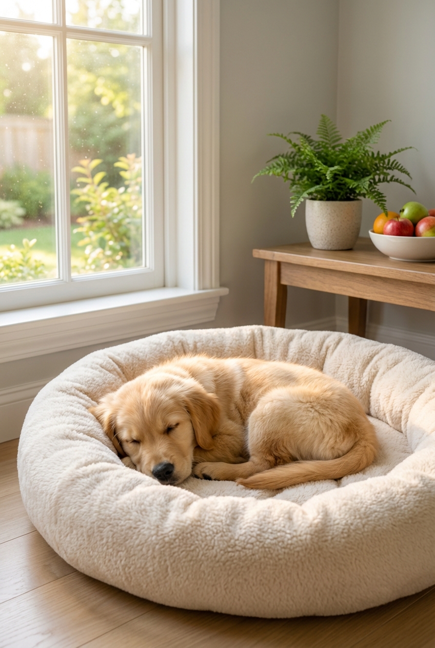 A sleepy puppy curled up in a plush dog bed near a window with soft daylight